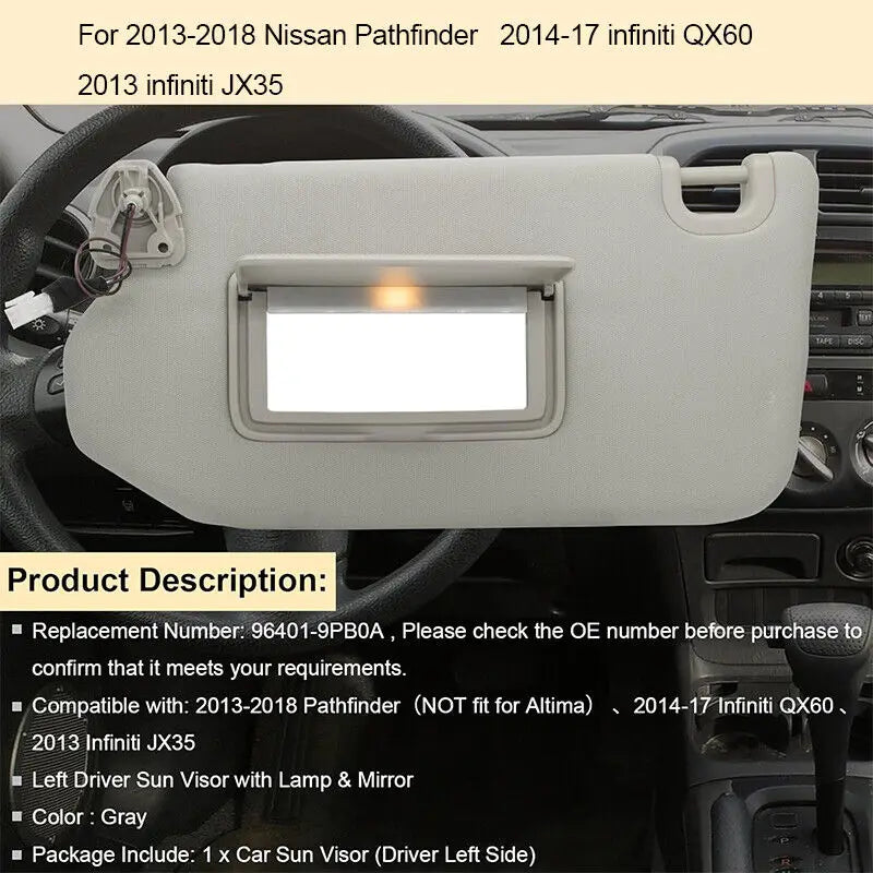 Left Driver Gray Sun Visor with Lamp for Nissan Pathfinder 2013-2018 96401-9PB0A
