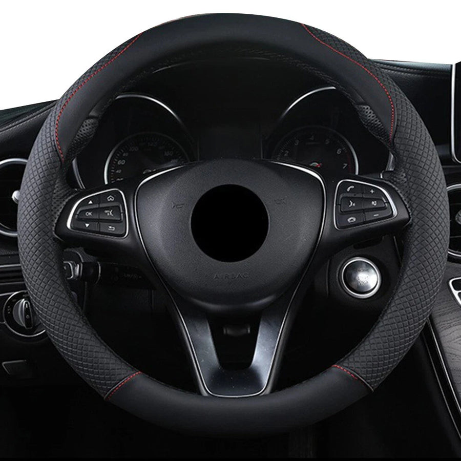 14.5–15.5 in Universal Microfiber PU Steering Wheel Cover – Black