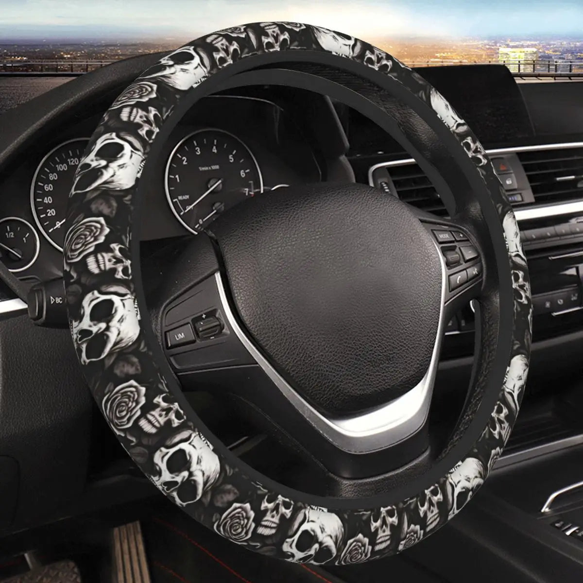 Skull-Design Slip-On Steering Wheel Cover – Black