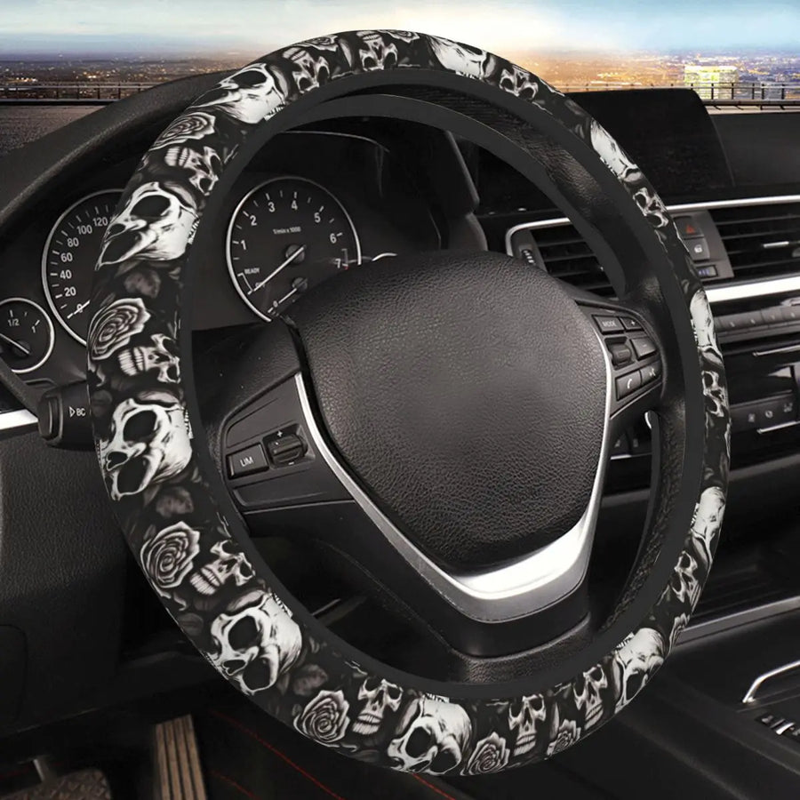 Skull-Design Slip-On Steering Wheel Cover – Black