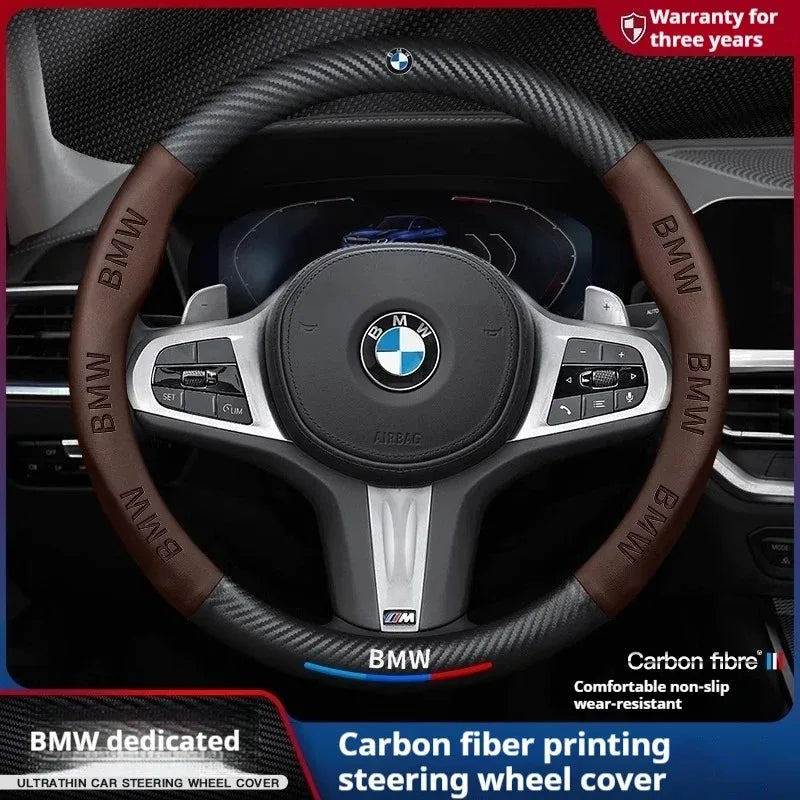 Anti-Slip Carbon Fiber-Look Leather Steering Wheel Cover for BMW
