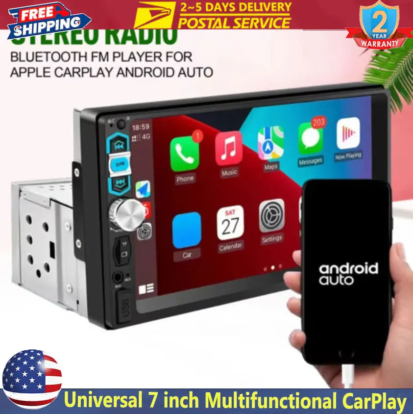 7-Inch Single-DIN Android Touchscreen Receiver with CarPlay & GPS