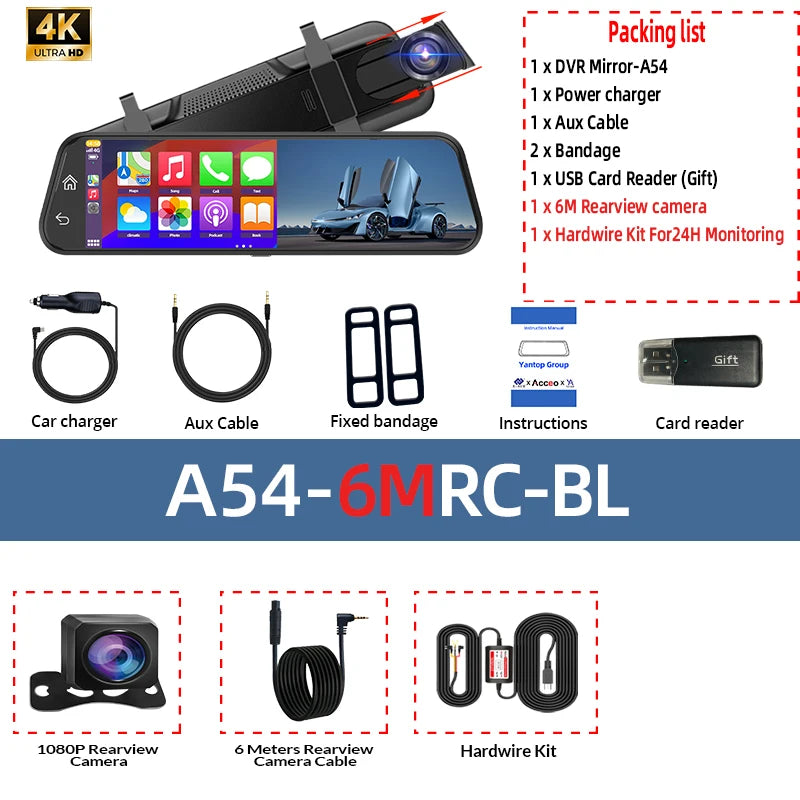 4K Dual Mirror Dash Cam with Wi-Fi App Control, GPS