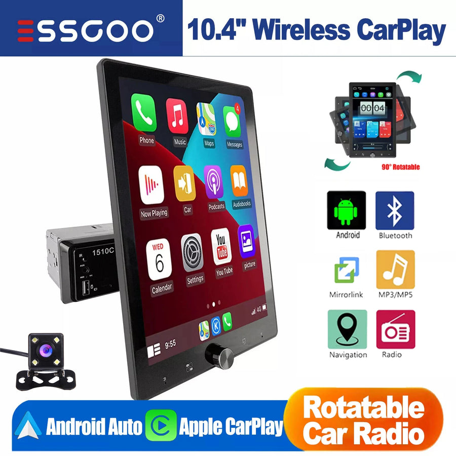 10.4-Inch Rotatable 1-DIN Wireless CarPlay and Android Auto Car Stereo