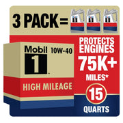 Mobil 1 High Mileage Full Synthetic 10W-40 Motor Oil, 5 Quart Pack of 3