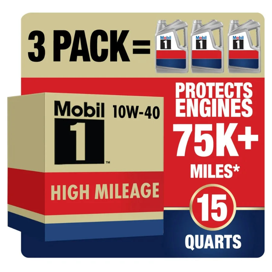 Mobil 1 High Mileage Full Synthetic 10W-40 Motor Oil, 5 Quart Pack of 3