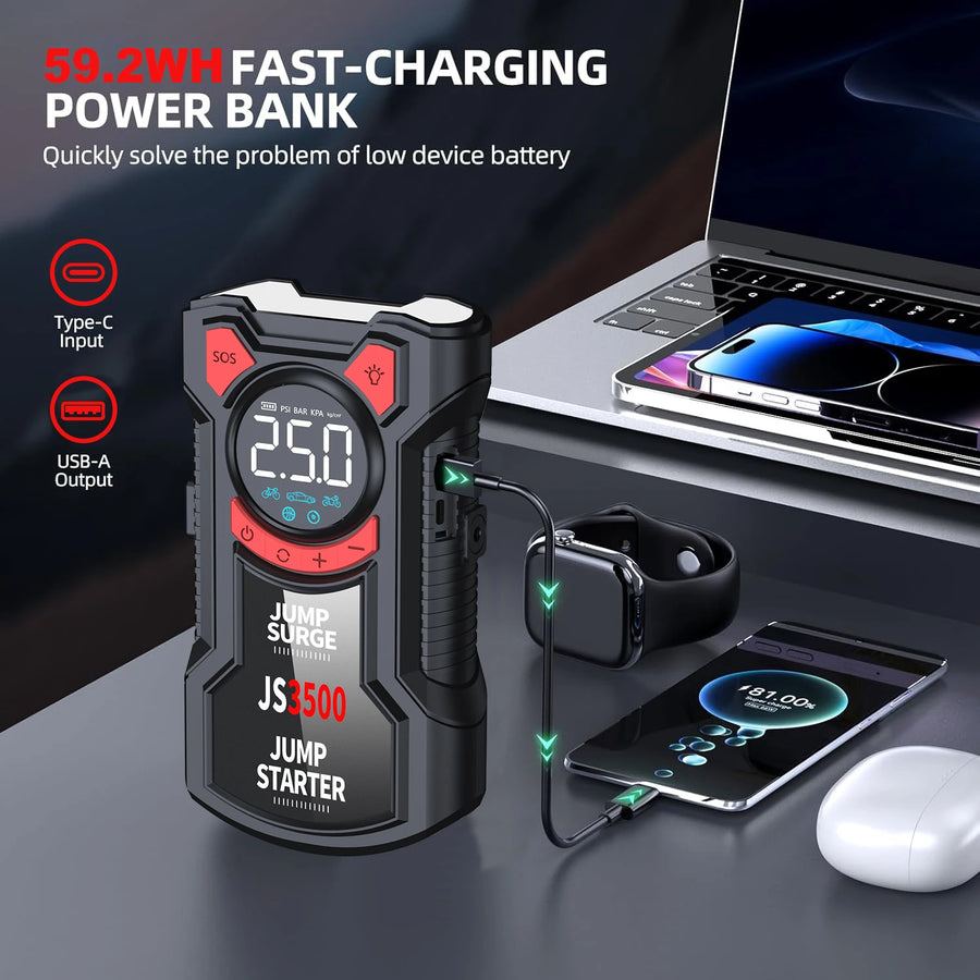 12V Car Jump Starter with Air Compressor, Power Bank and Flashlight