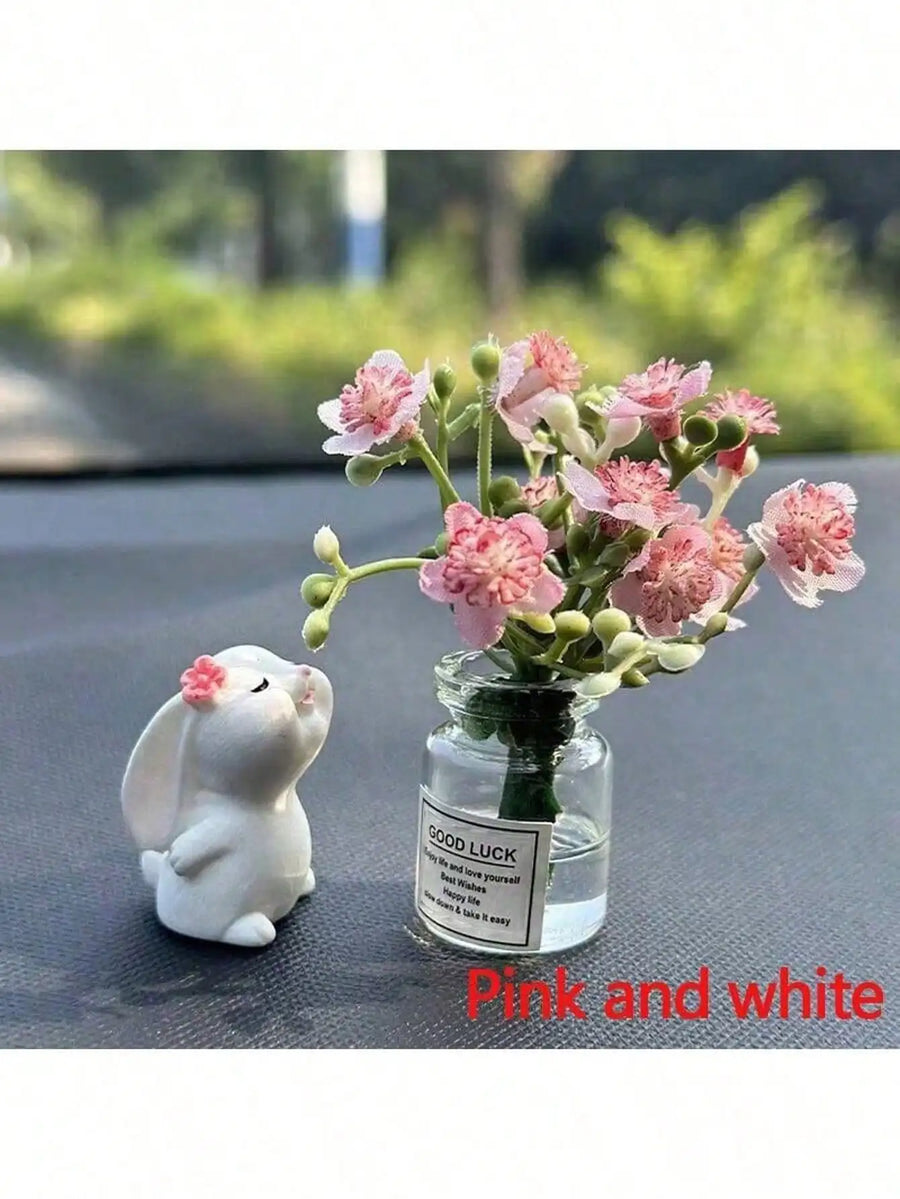 Cute Rabbit Ornament Flower Vase Decor for Car Interior
