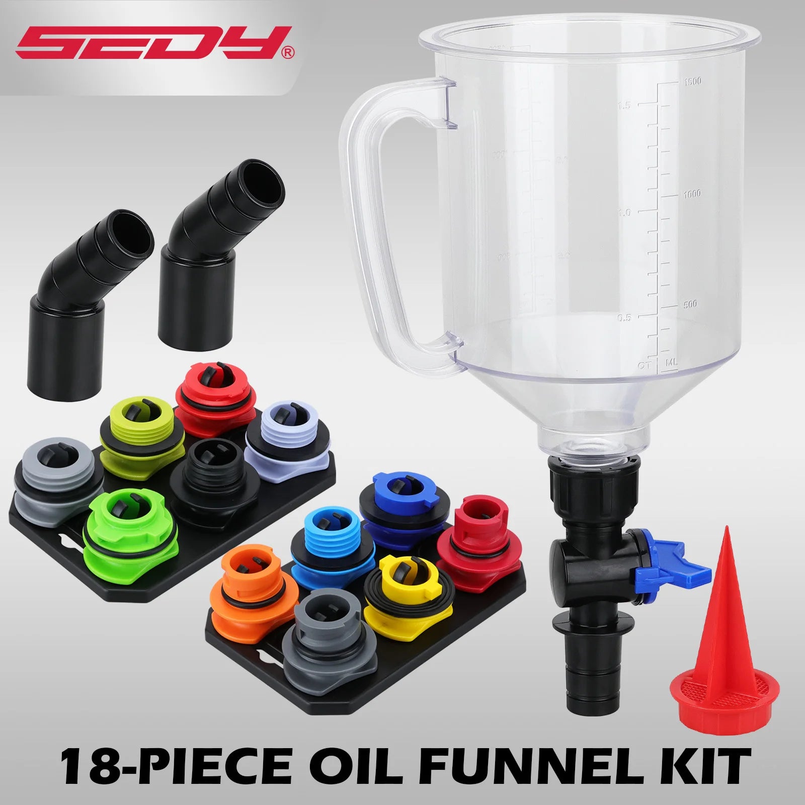 18-Piece Spill-Free Engine Oil Funnel Set with 12 Adapters, 1.59 Quart