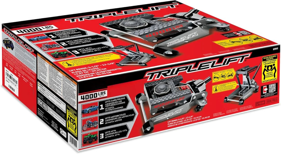 Triple-Lift Hydraulic Floor Jack for Cars, Trucks, Motorcycles and ATVs