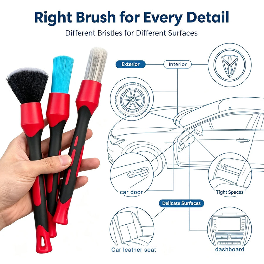 3-Piece Detailing Brush Set for Vents, Trim & Wheels