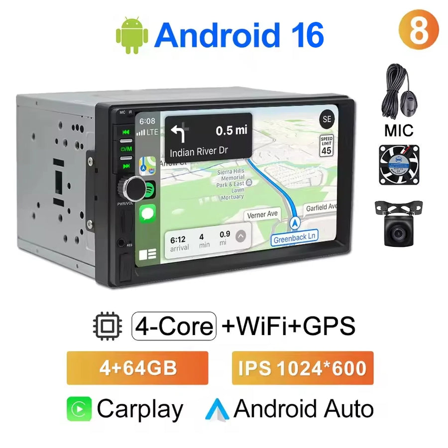 2-DIN Android 14 CarPlay Car Stereo with GPS and Touchscreen