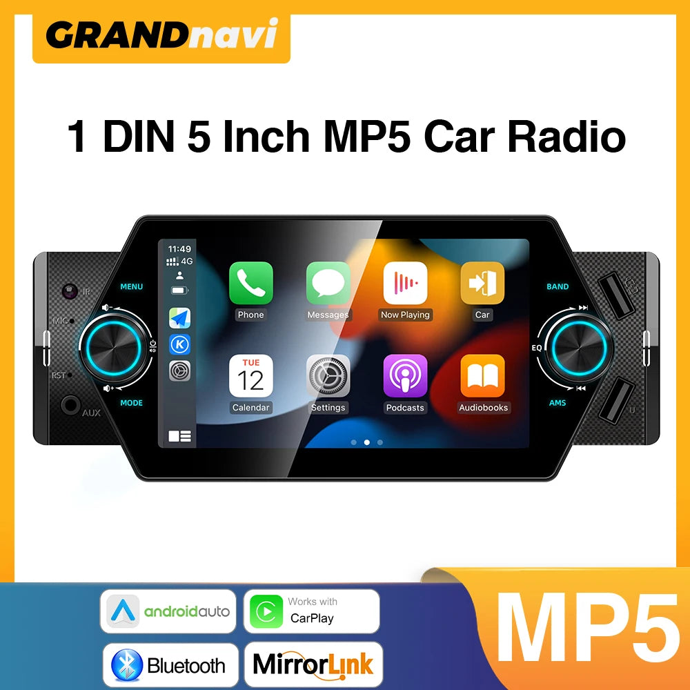 5-Inch 1-DIN CarPlay and Android Auto Touchscreen Car Stereo
