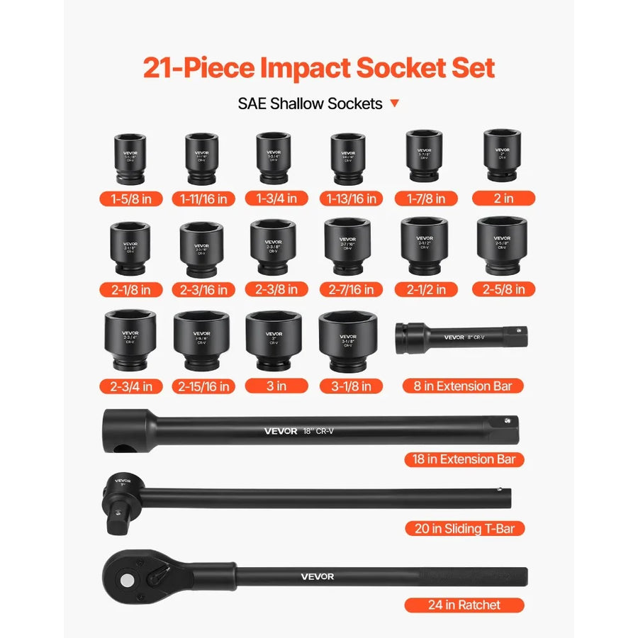 21-Piece 1 in Drive Shallow SAE Impact Socket Set