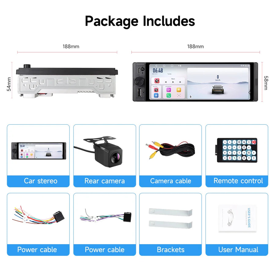 6.28-Inch 1-DIN Wireless CarPlay and Android Auto Car Stereo