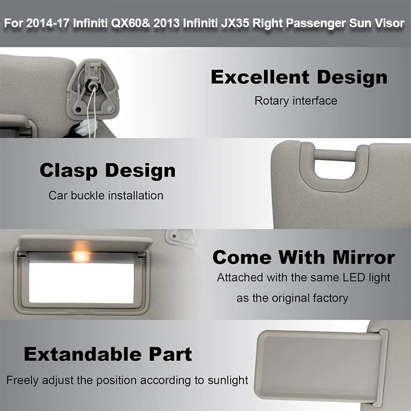 Right Passenger Sun Visor with Lamp for 2013-2018 Nissan Pathfinder QX60 Grey