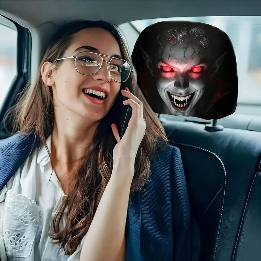 2-Piece Halloween Horror Face Car Headrest Covers – Universal Elastic Protective Sleeves