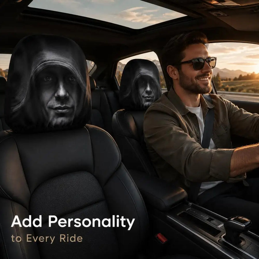 2-Piece Mysterious Hooded Face Car Headrest Covers – Universal Black Interior Decor