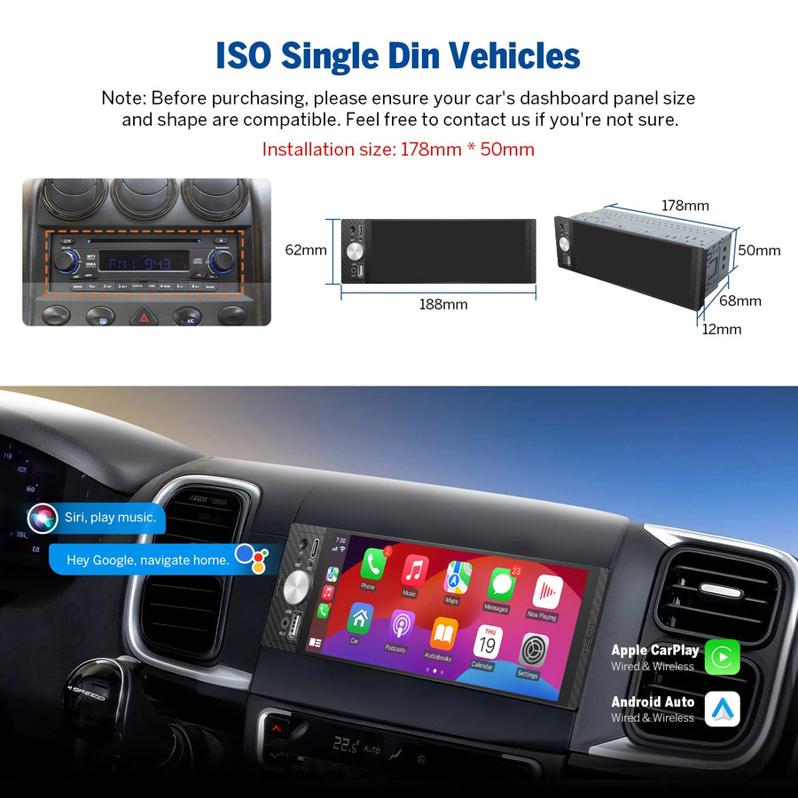 6.86-Inch IPS 1-DIN Wireless CarPlay and Android Auto Car Stereo