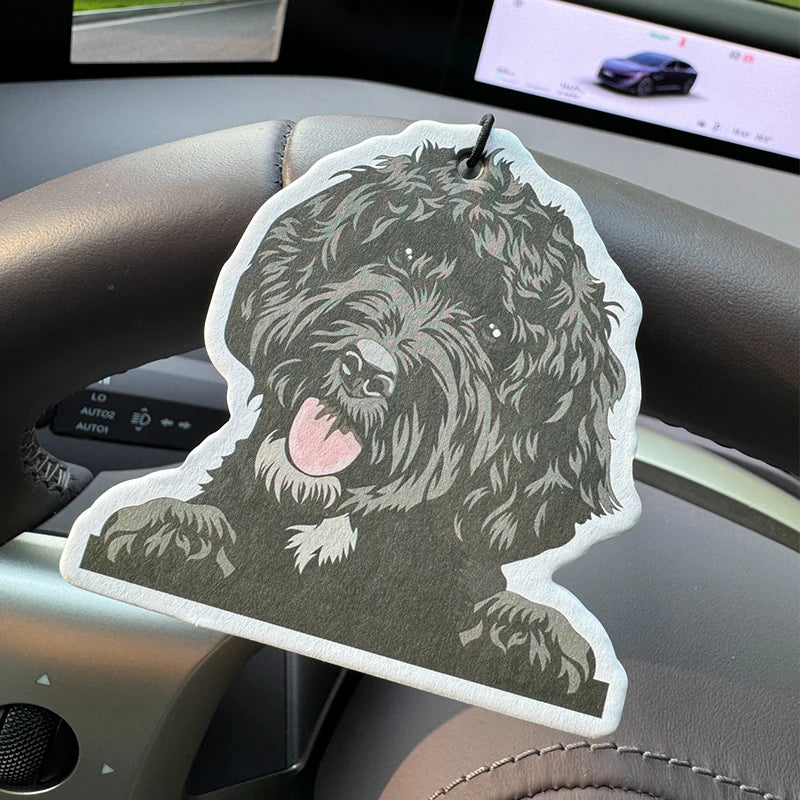 Hand-drawn style black fluffy Labradoodle/Portuguese Water Dog Hanging Car Air Freshener