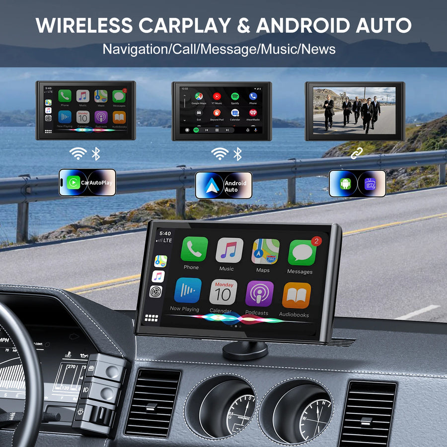 7-Inch Portable Wireless CarPlay and Android Auto Display with Magnetic Mount