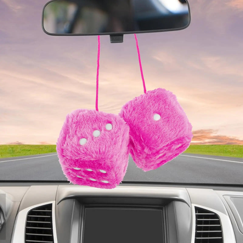 Pair of Retro Plush Fuzzy Dice Rearview Mirror Ornaments