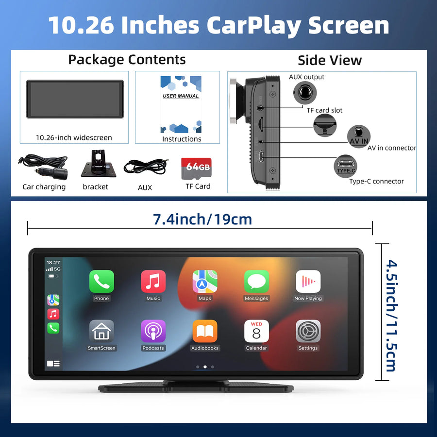 10.26-Inch Wireless CarPlay and Android Auto Portable Display