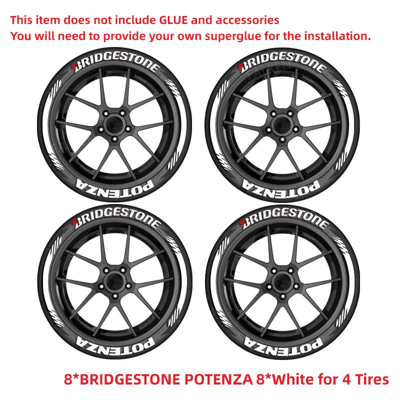 Bridgestone Tire Letter Stickers Set for 4 Wheels 3D Pvc Raised Tire Decals Waterproof Car Racing Tire Sidewall Decor