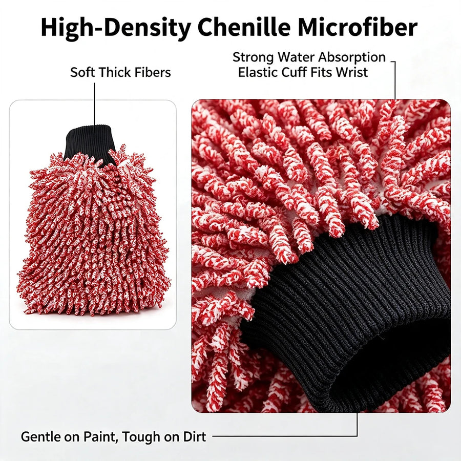 Red Double-Sided Chenille Car Wash Mitt, 26 x 20 cm