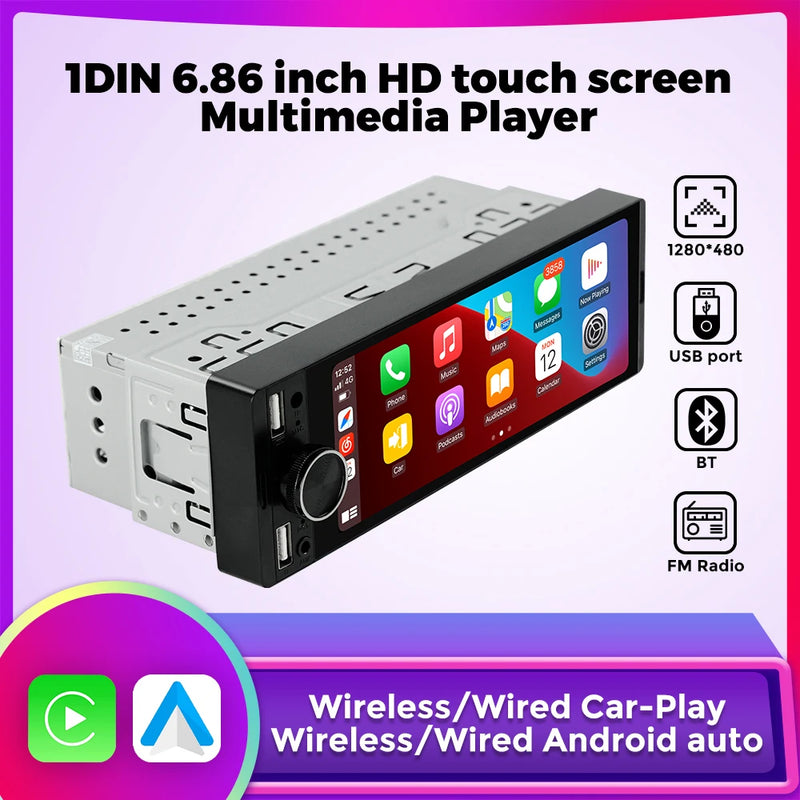 6.86-Inch 1-DIN Wireless CarPlay and Android Auto Car Stereo with SWC Support