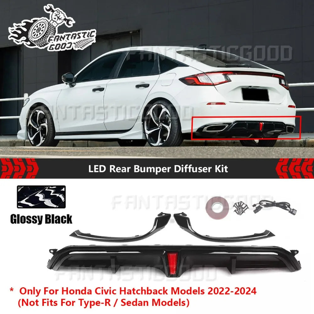 Gloss Black LED Rear Diffuser – 2022–2024 Honda Civic Hatchback