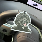 Hand-drawn style black fluffy Labradoodle/Portuguese Water Dog Hanging Car Air Freshener