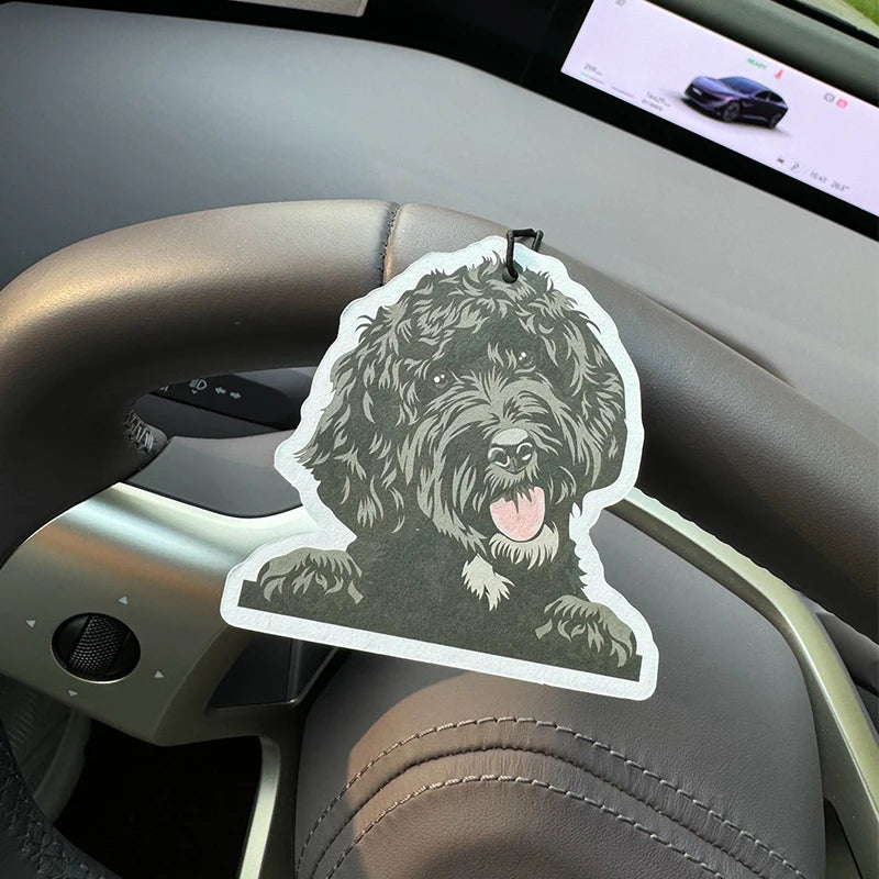 Hand-drawn style black fluffy Labradoodle/Portuguese Water Dog Hanging Car Air Freshener