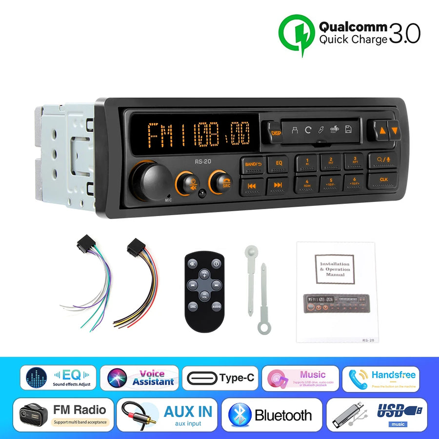 Retro 1-DIN Bluetooth Car Stereo with FM, AM, RDS, DAB, USB and AUX