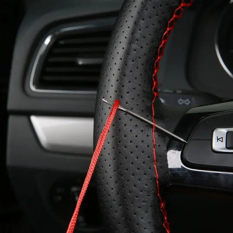 DIY Two-Tone Leather Steering Wheel Cover with Needle and Thread