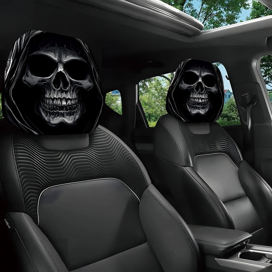 2-Piece Skull Portrait Car Headrest Covers – Universal Washable Seat Decor