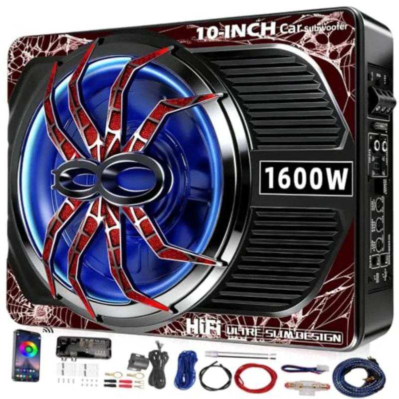 10-Inch 1600W Powered Under-Seat Car Subwoofer with LED Lighting