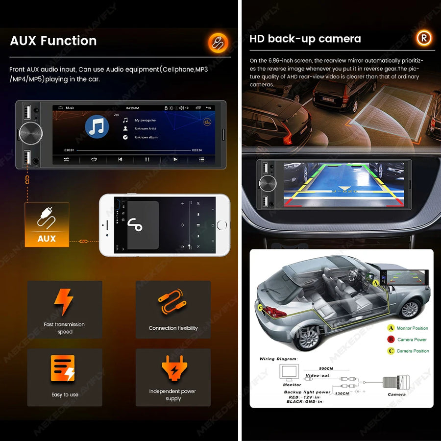 6.86-Inch 1-DIN Wireless CarPlay and Android Auto Car Stereo