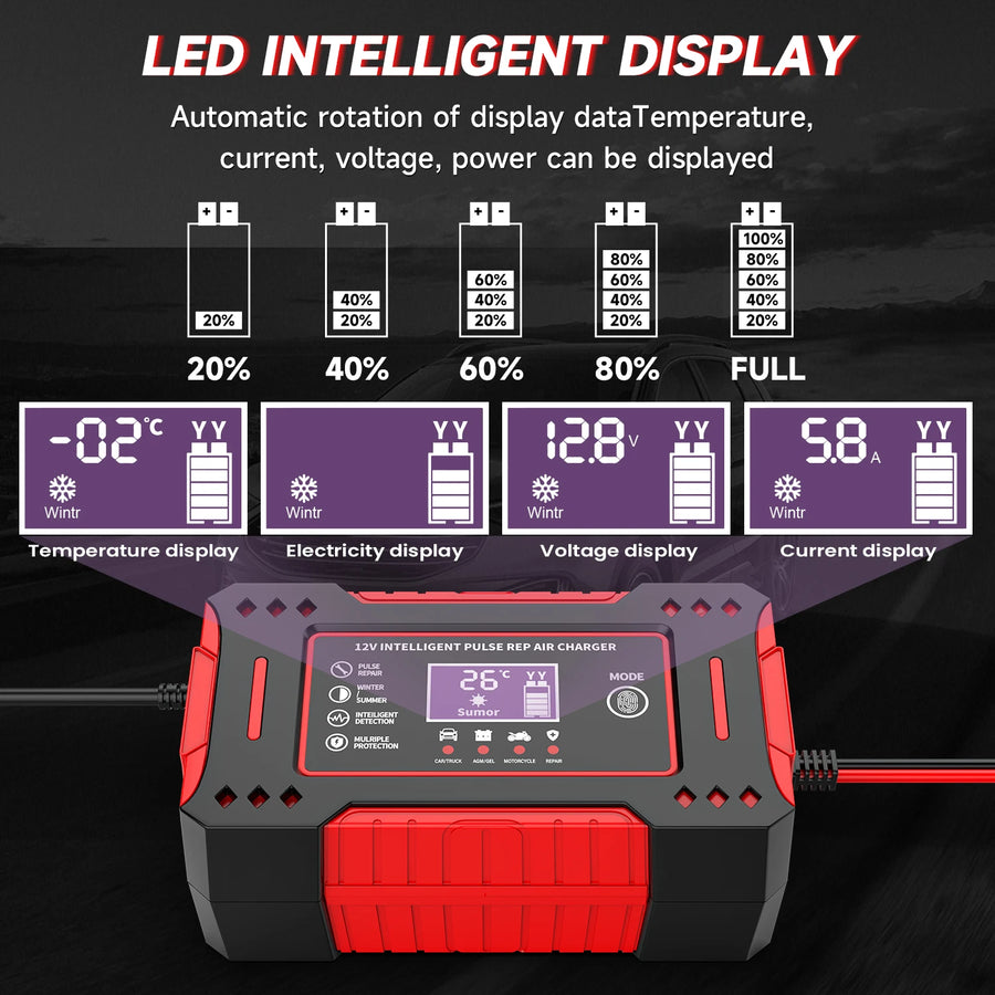 12V 6A Smart Battery Charger with LCD and Pulse Repair Mode