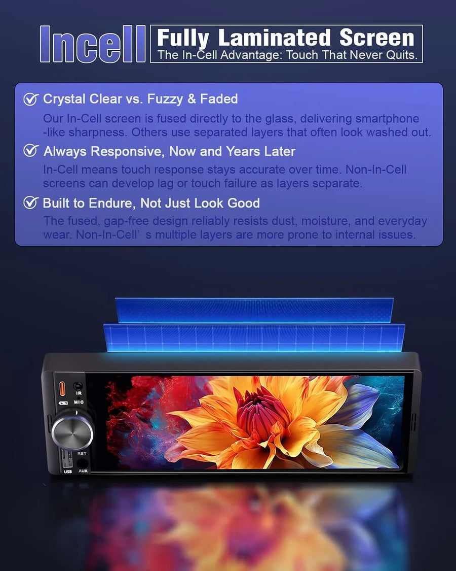 6.86-Inch 1-DIN Wireless CarPlay and Android Auto Car Stereo with USB