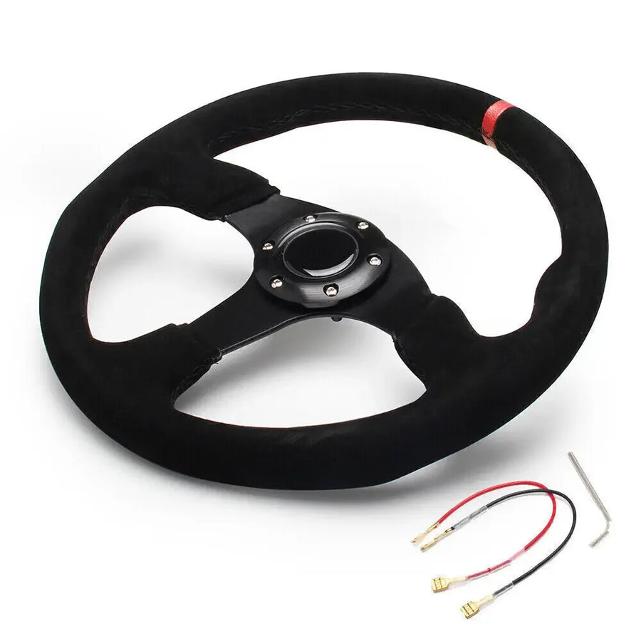 14 Inch 350mm Car Red Racing Suede Leather & Aluminum Alloy Steering Wheel Flat with Horn Button Red