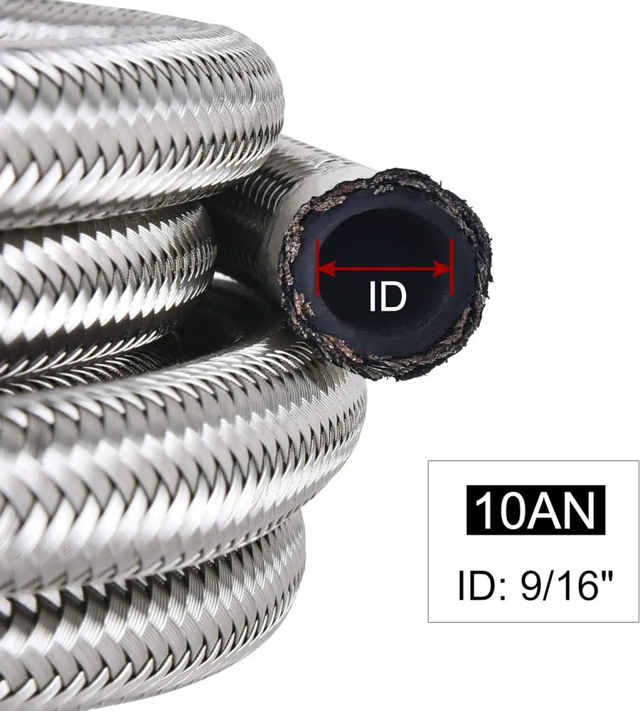 AN10 10FT Braided Nylon Fuel Line Kit 10-Piece CPE Fittings for Hydraulic Fluid Pump Gas Alcohol Silver