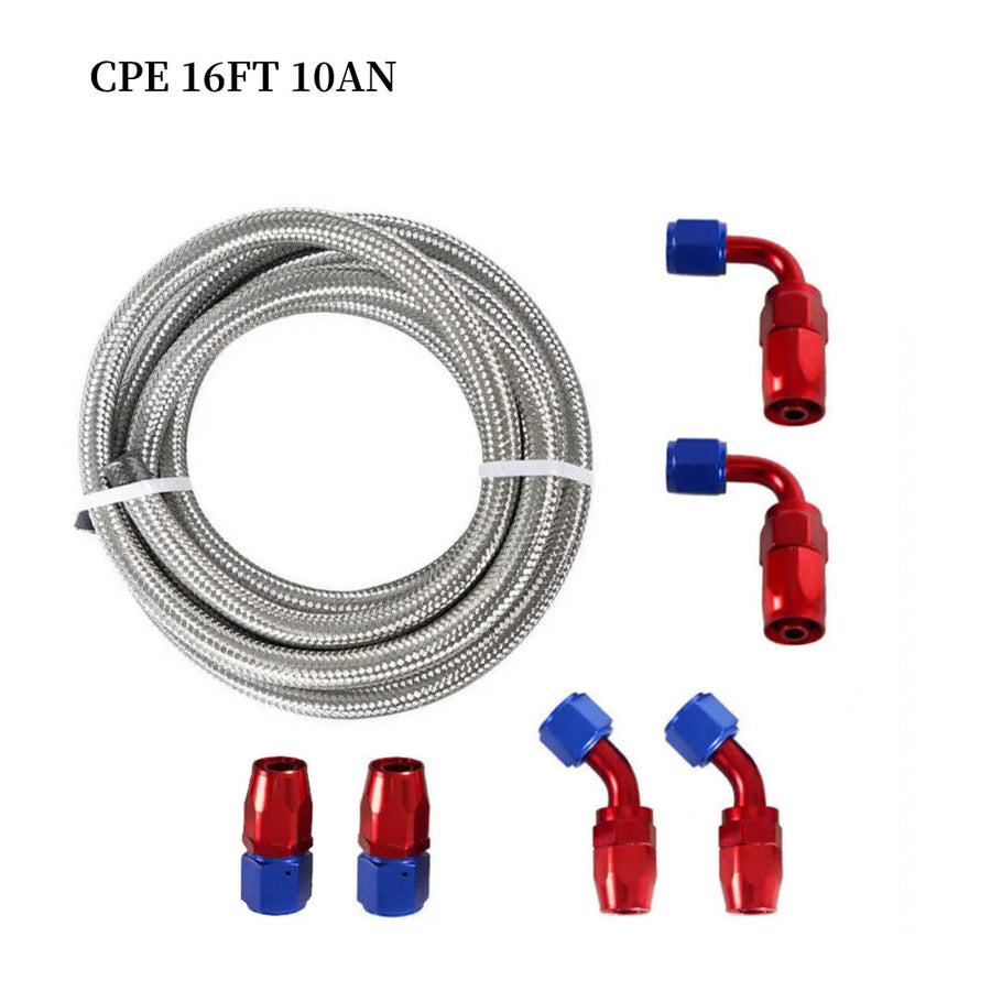16FT AN10 Stainless Steel Braided CPE Oil Fuel Line Kit with 6-Piece Aluminum Alloy 0 45 90 Degree