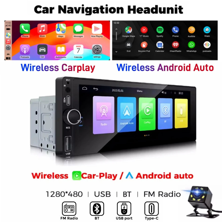 6.86-Inch 1-DIN Wireless CarPlay and Android Auto Car Stereo