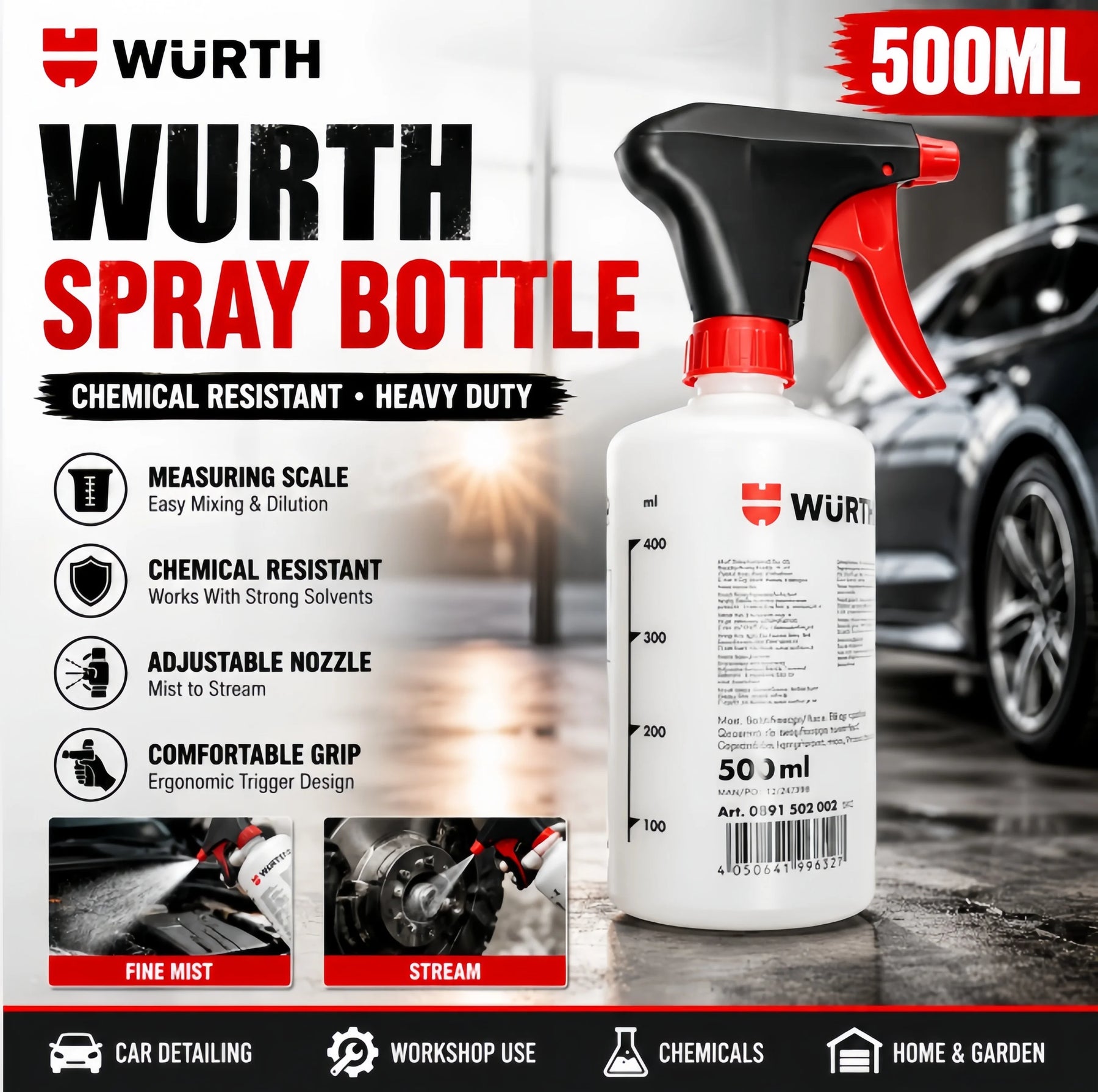 Würth Chemical-Resistant Trigger Spray Bottle – 500 mL