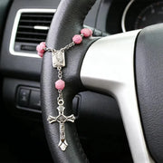 Pink Rose Bead Catholic Rosary Rearview Mirror Hanging Ornament