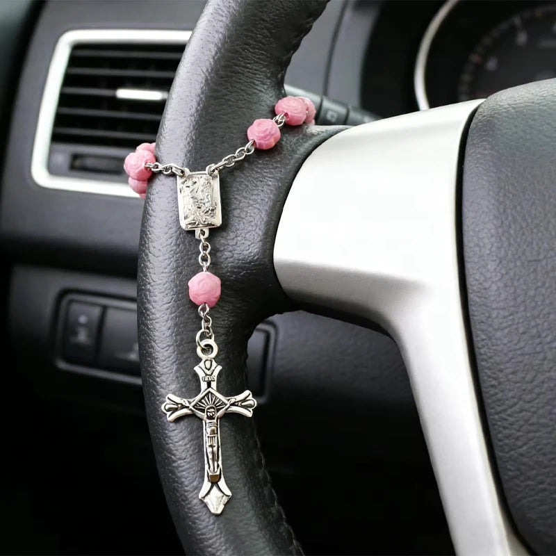 Pink Rose Bead Catholic Rosary Rearview Mirror Hanging Ornament