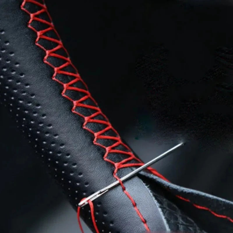 DIY Two-Tone Leather Steering Wheel Cover with Needle and Thread