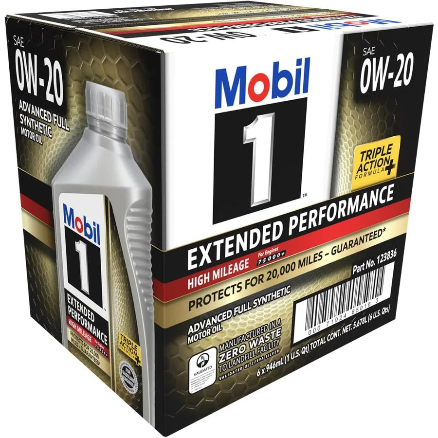 Mobil 1 Extended Performance High Mileage 0W-20 Motor Oil, 1 Quart Case of 6
