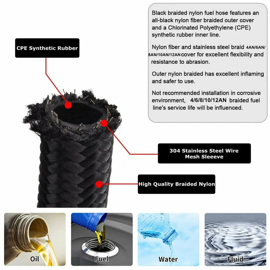 20FT Nylon Braided Fuel Line 6AN Oil/Gas/Fuel Hose End Fittings Kit US
